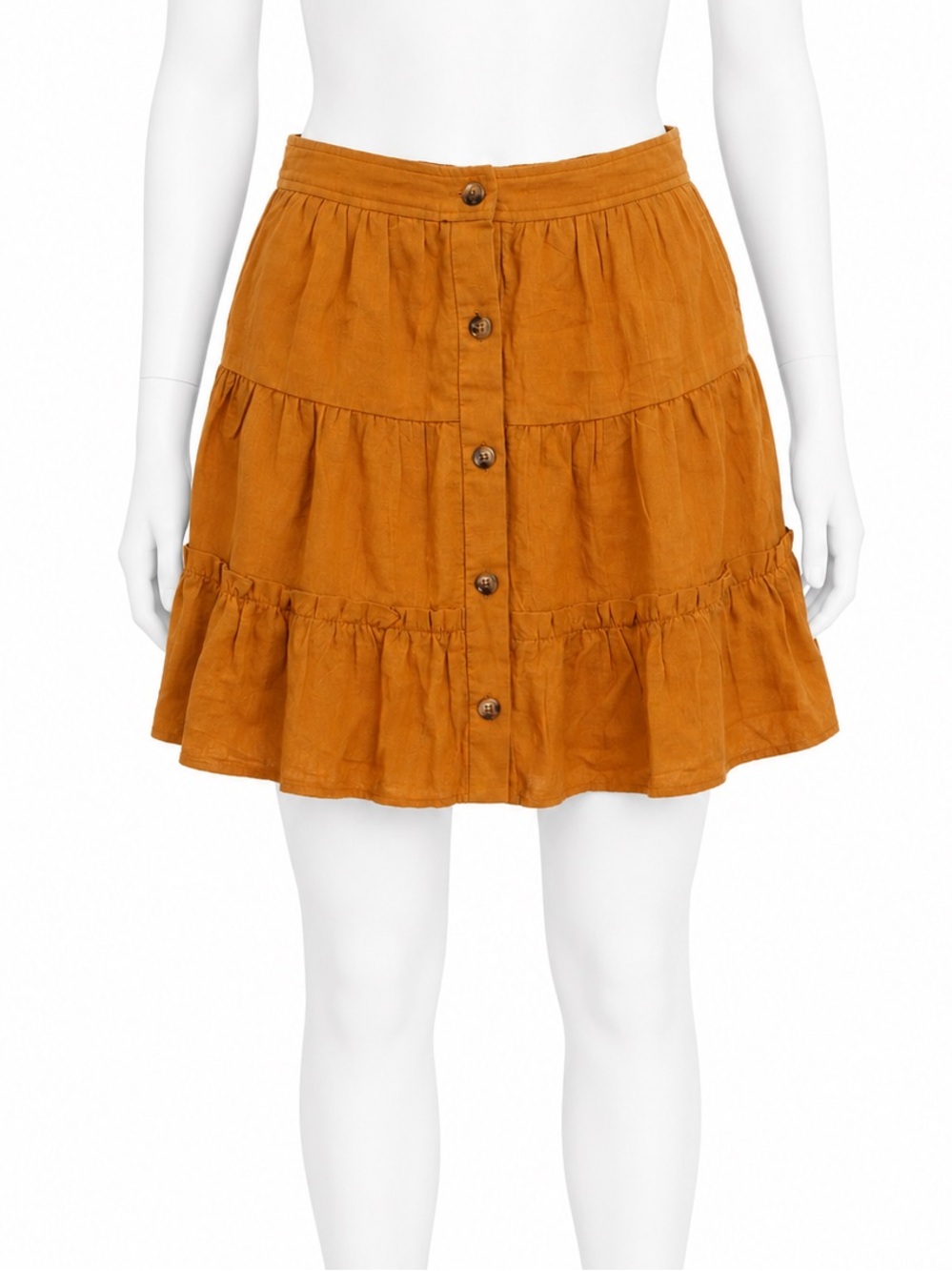 Button-Front Tiered Skater Skirt in Mustard Brown